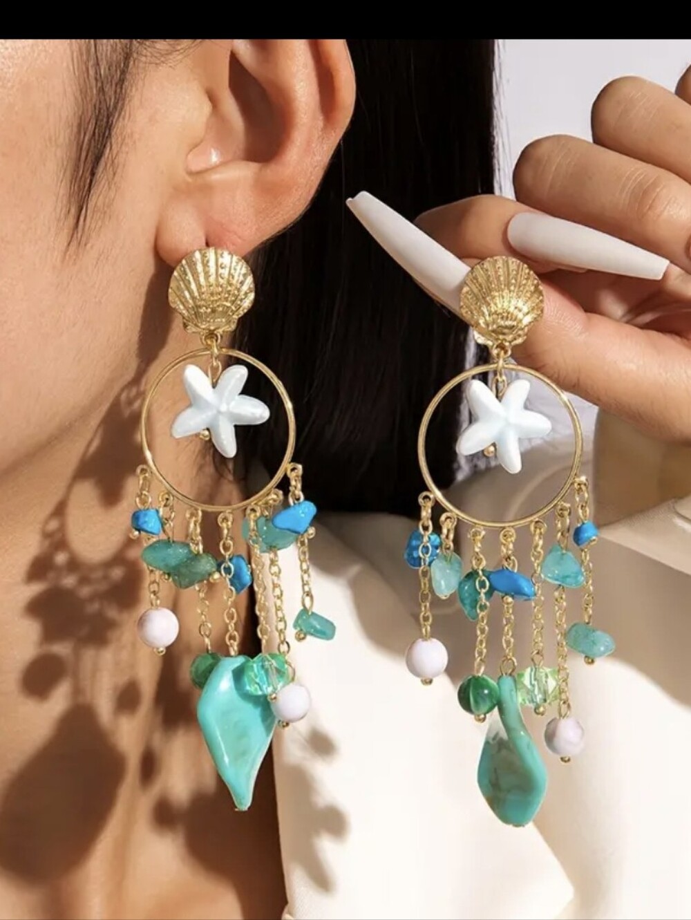 Gold Plated Starfish Seashell Turqouise Dangle Earrings